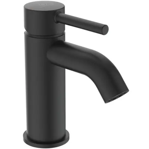 Schwarze Waschtischarmatur von Ideal Standard mit einem gebogenen Auslauf und einem schwenkbaren Hebel. Ideal für moderne Badezimmergestaltungen.
